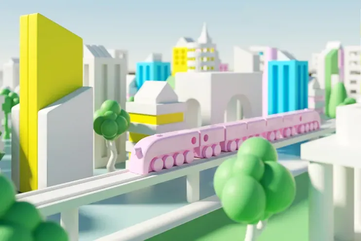 数字生成的未来粉色火车在玩具城市景观的图像